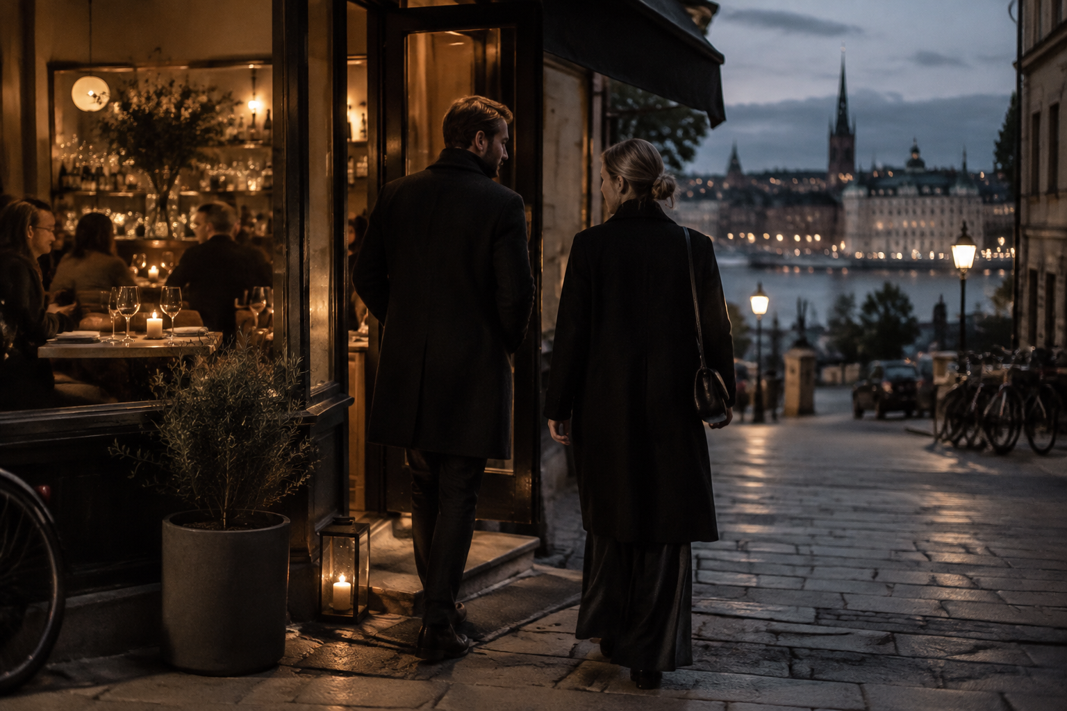 Two people in autumn coats leaving a warmly lit Stockholm restaurant at dusk.