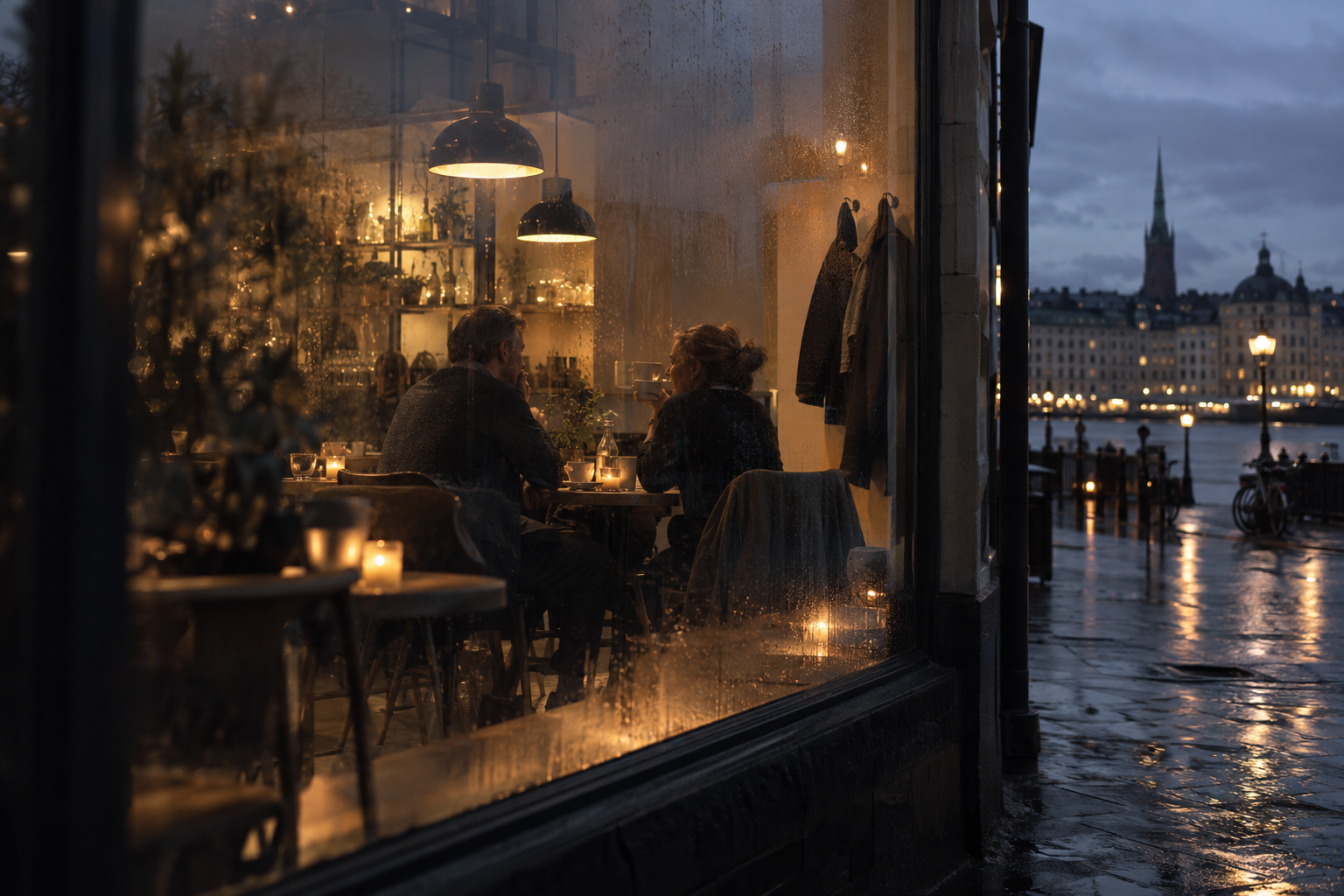 Two people talking at a small café table in Stockholm, with coats hanging nearby and wet autumn pavement outside.