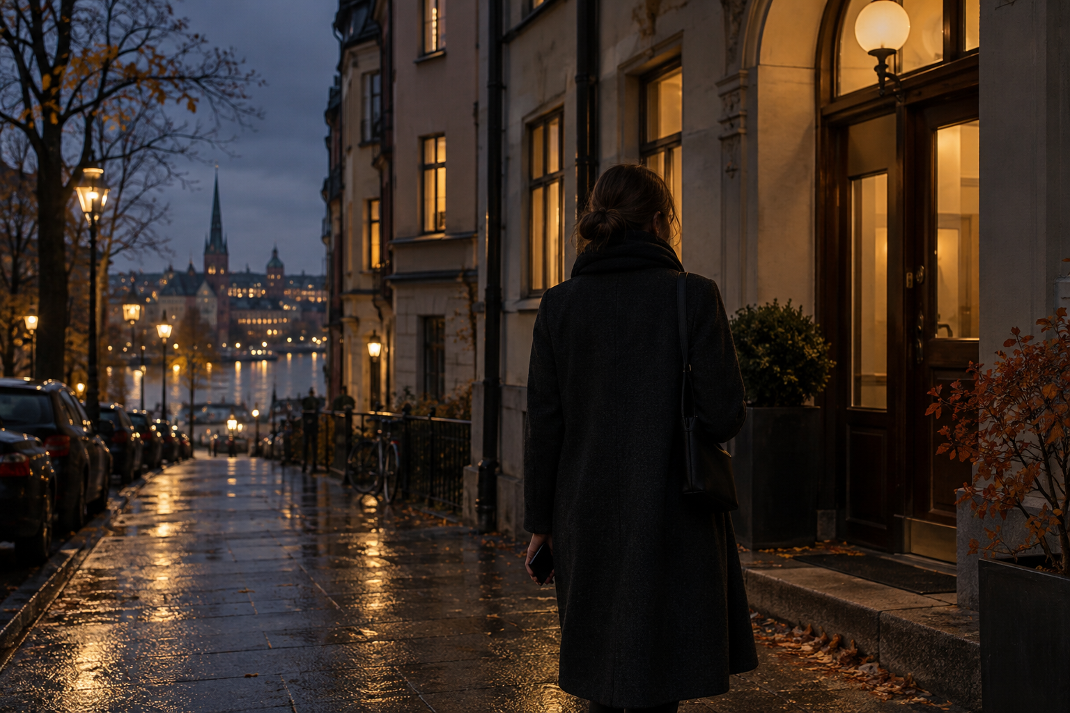 A person in a wool coat holding a phone at their side on a Stockholm street at dusk.