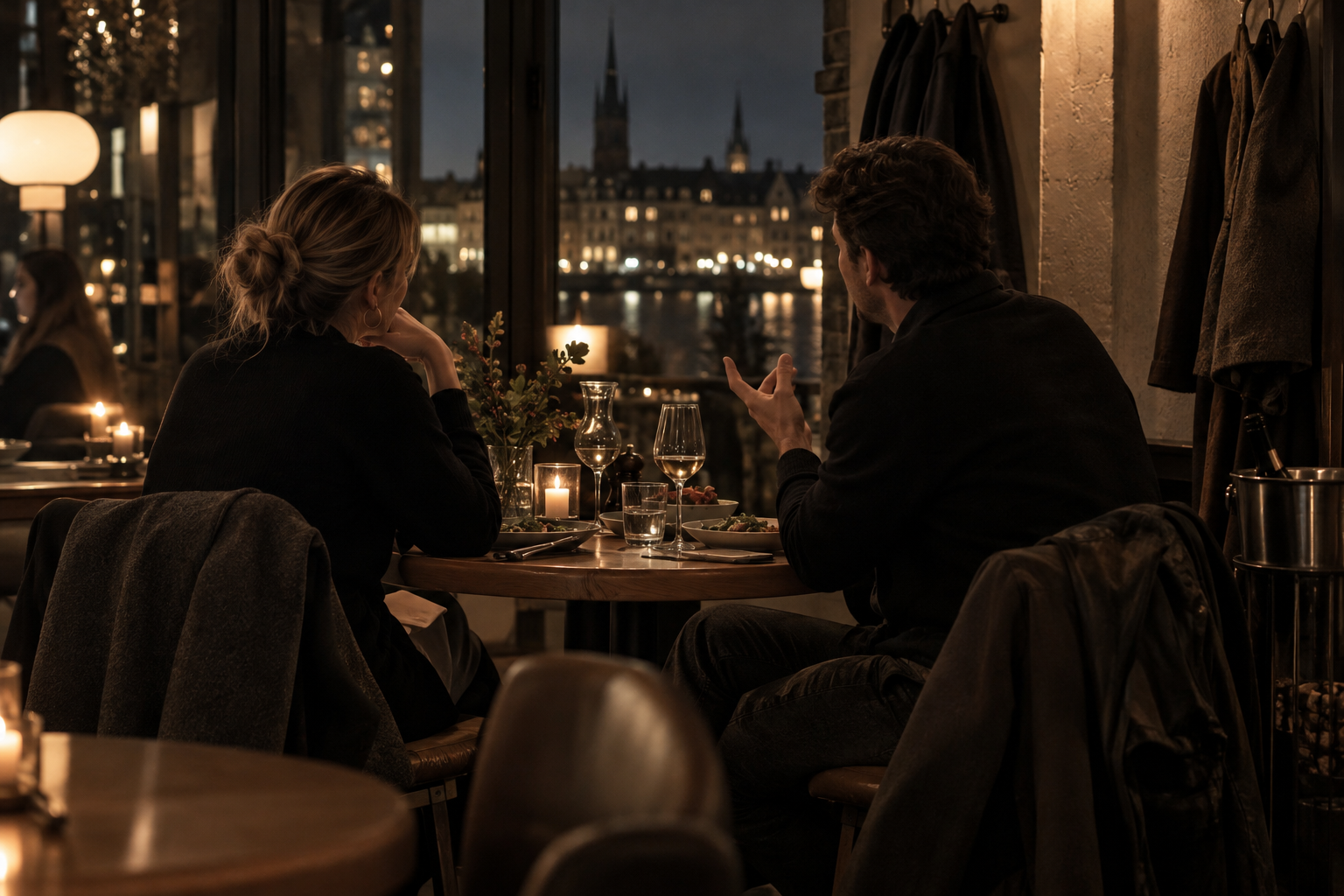 Two adults talking over dinner beside a dark window in a Stockholm restaurant.